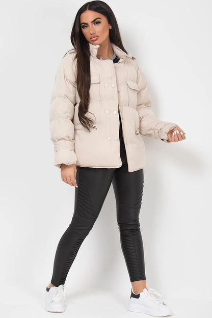 Puffer Jacket With Elasticated Drawstring Beige