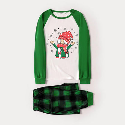 Green Raglan Top Green Plaid Christmas Pajamas Set With Cute Gnome Print