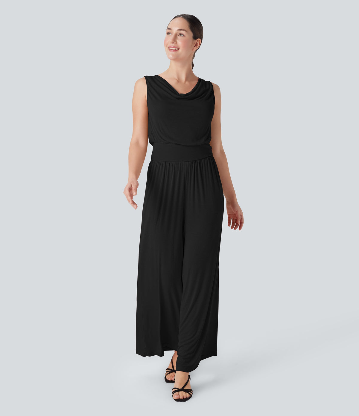 Ribbed Cowl Neck Sleeveless Wide Leg Casual Jumpsuit with Pockets