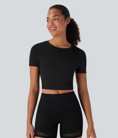 Round Neck Short Sleeve Contrast Mesh Cropped Yoga Sports Top