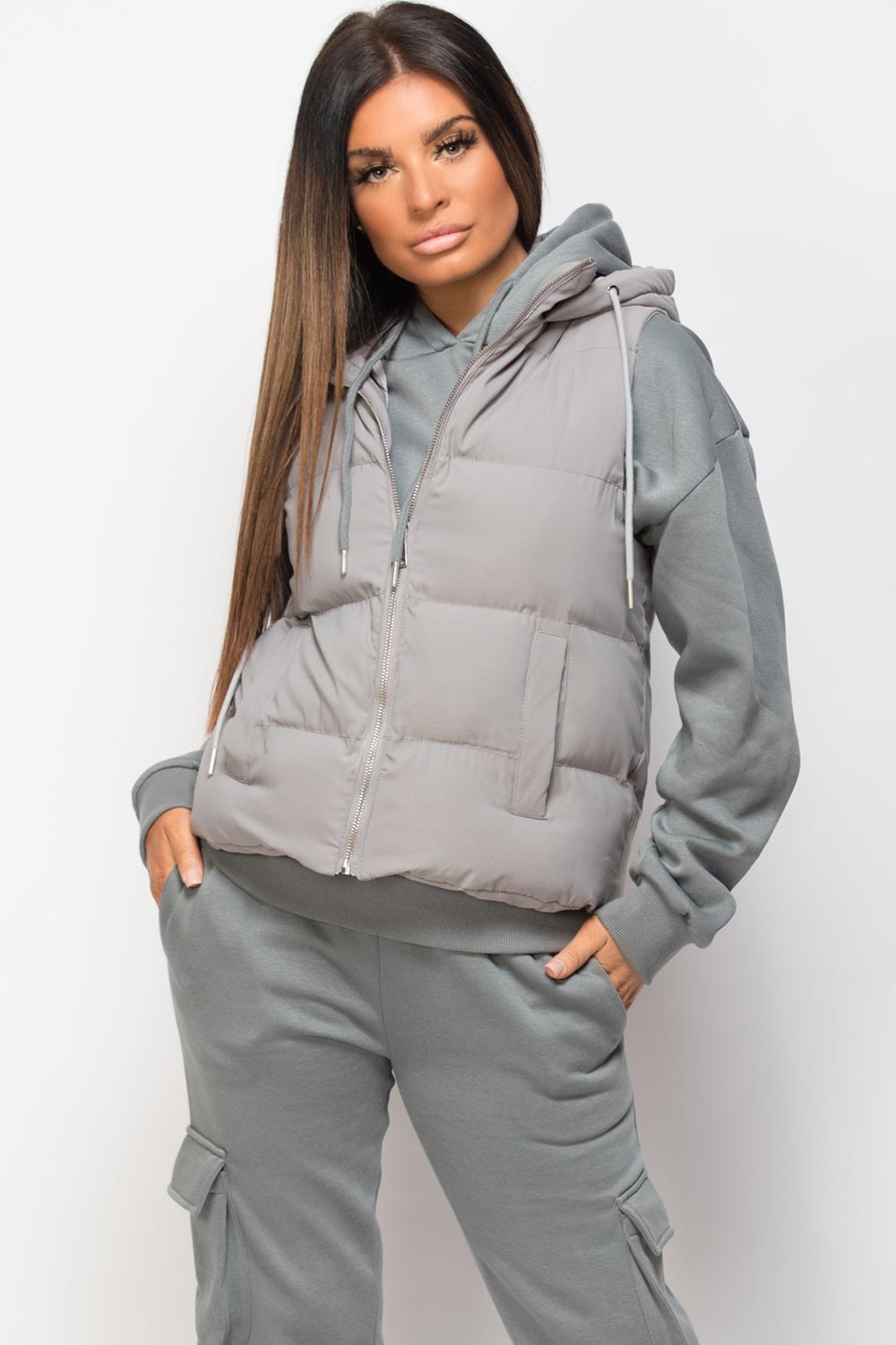 Hooded Padded Gilet Sleeveless Jacket Grey