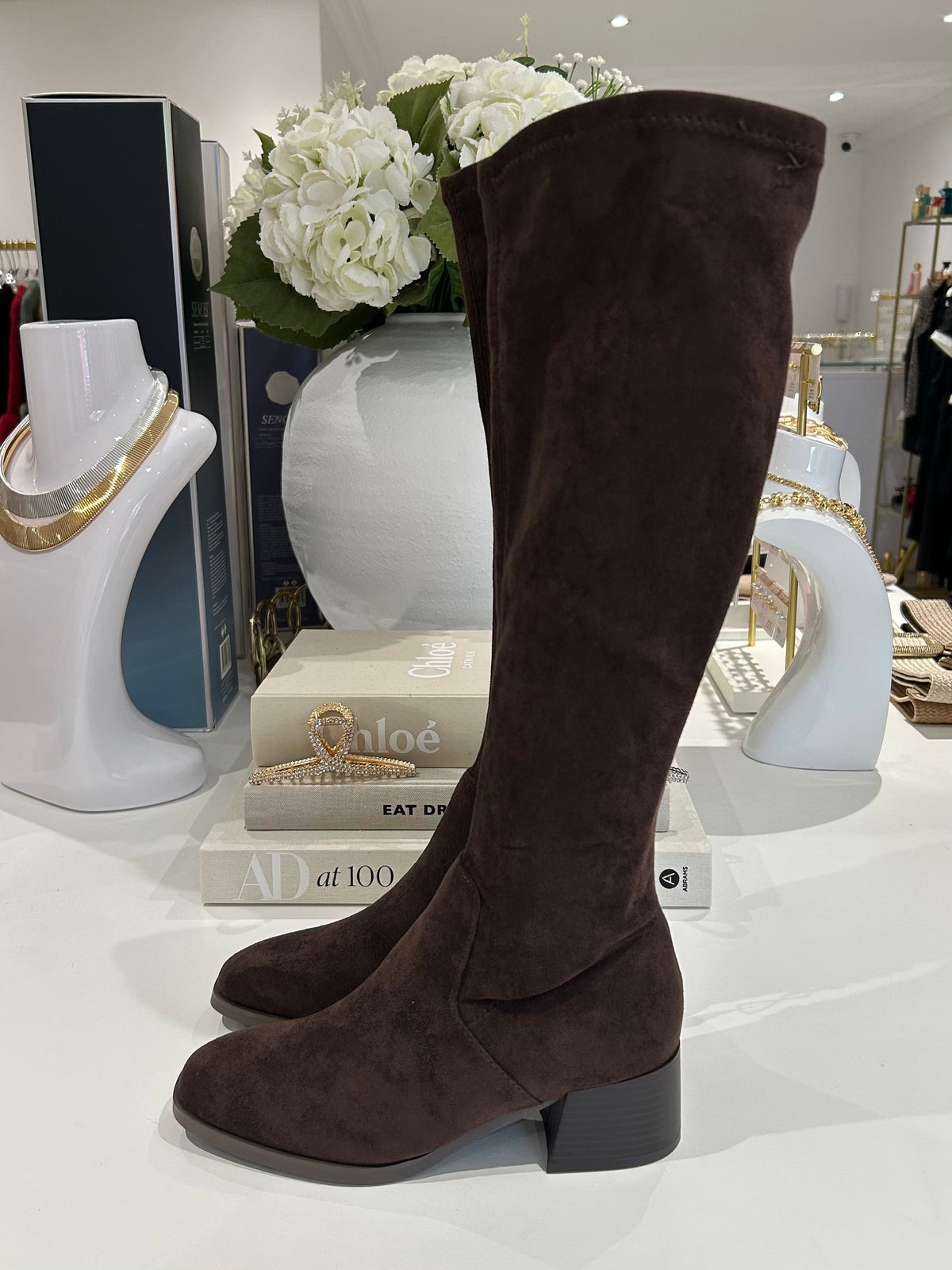 Faux Suede Knee Length Block Heel Boot (3 Colours)