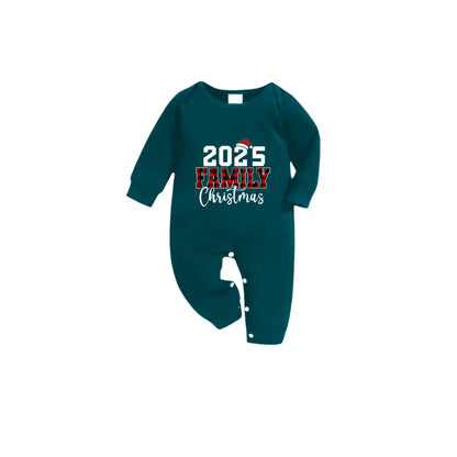 Christmas Family Matching Pajamas-Dark Green&Deer Patterned Pjs Set with "2025 Family Christmas" Text Print