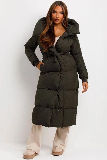 Long Puffer Coat With Hood And Belt Khaki