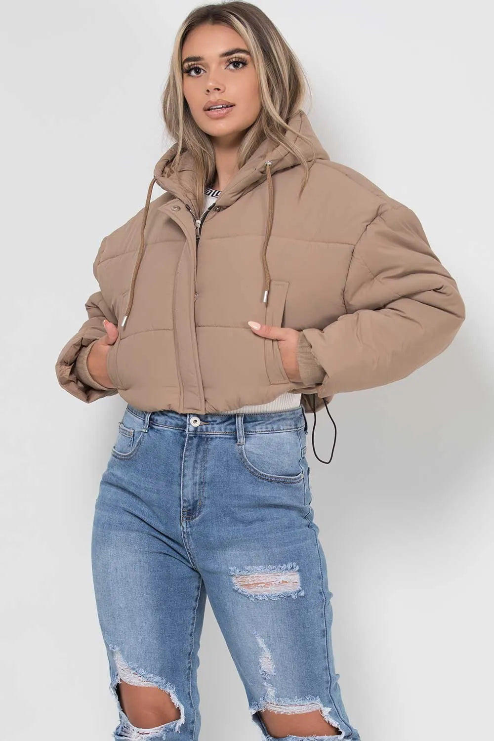 Crop Puffer Jacket With Hood Beige
