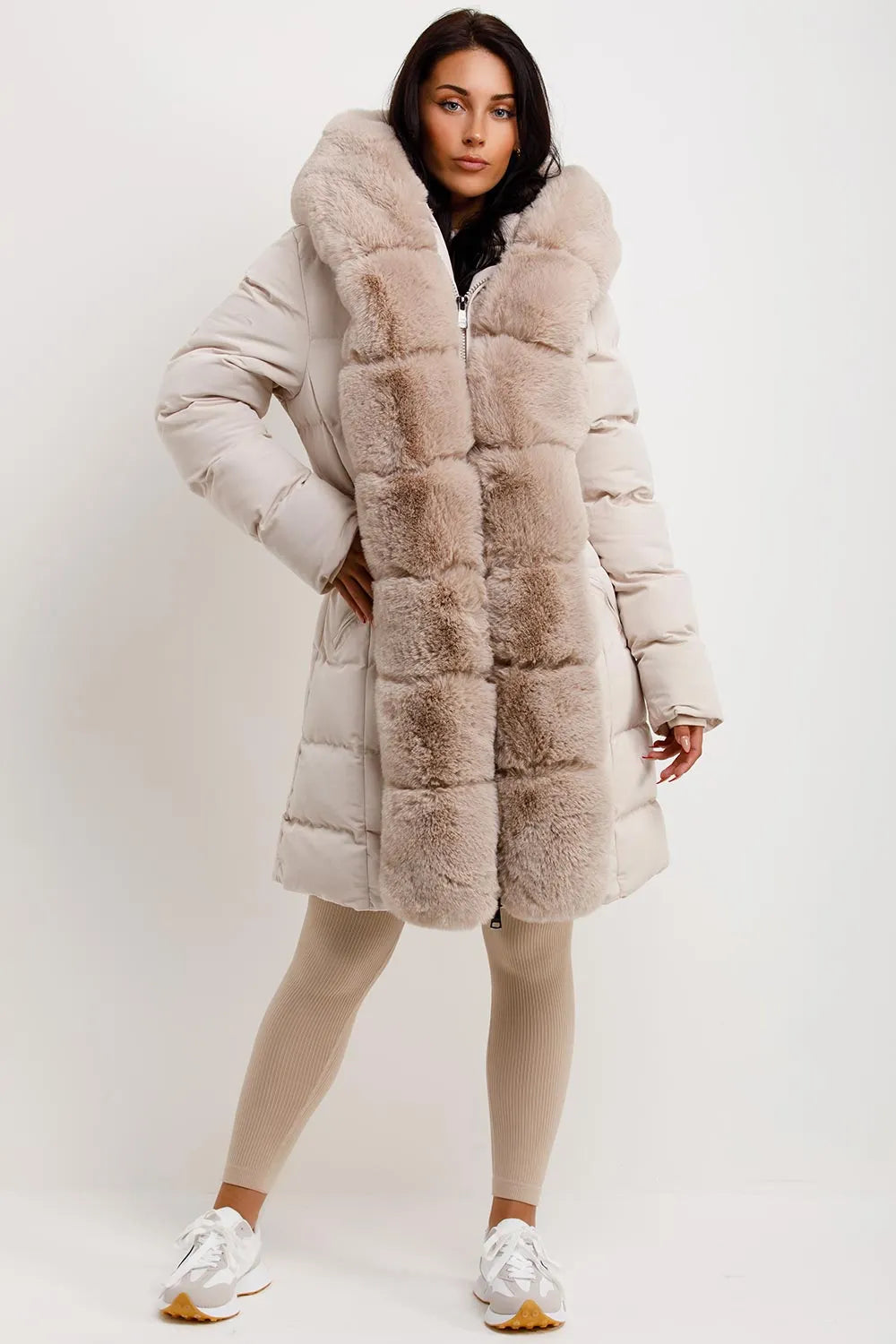 Beige Long Puffer Padded Coat With Faux Fur Hood And Trim