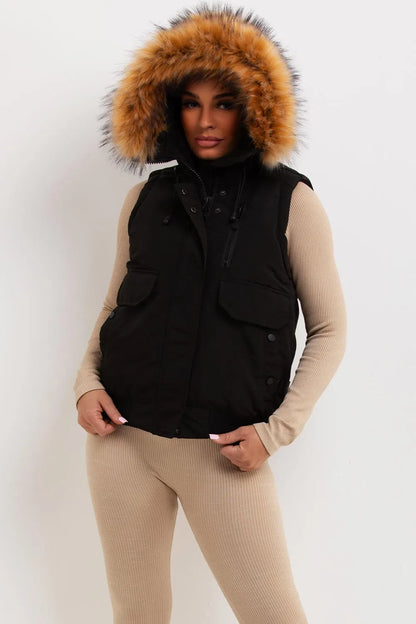 Black Gilet With Fur Hood