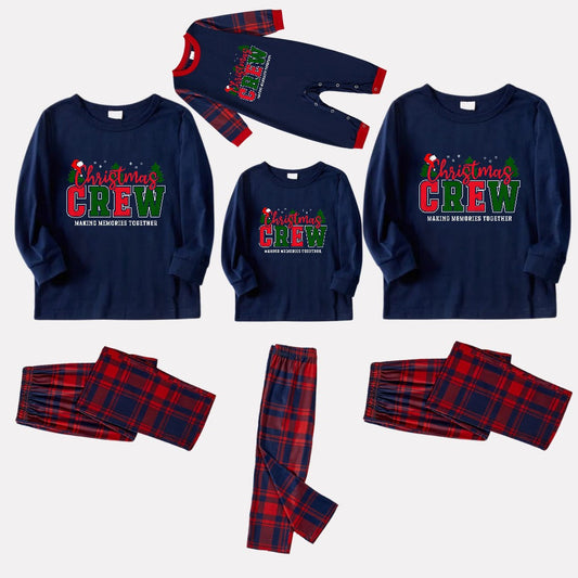 Christmas Family Matching Pajamas-Navy & Red Plaid Pjs Set with "Christmas Crew Making Memories Together" Print