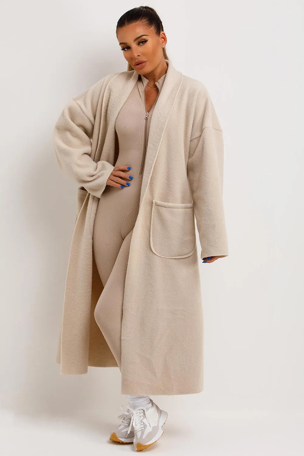 Longline Oversized Wool Look Coat With Pockets Beige