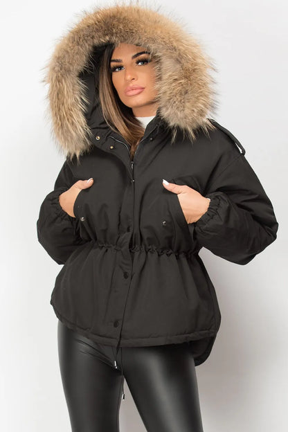 Black Natural Fur Hooded Parka Coat