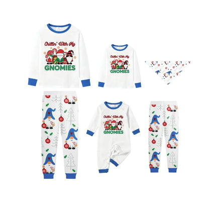 Blue Family Christmas Holiday Pajamas Set with Merry Gnome Pattern Print