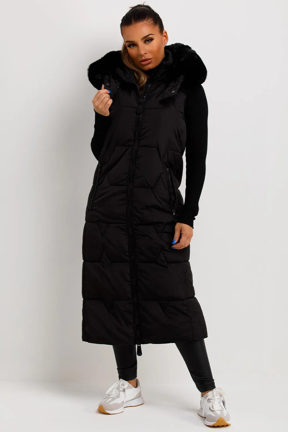 Long Puffer Gilet With Faux Fur Hood Black