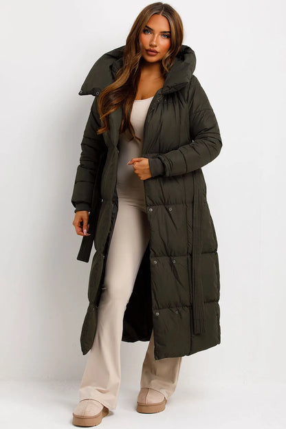 Long Puffer Coat With Hood And Belt Khaki