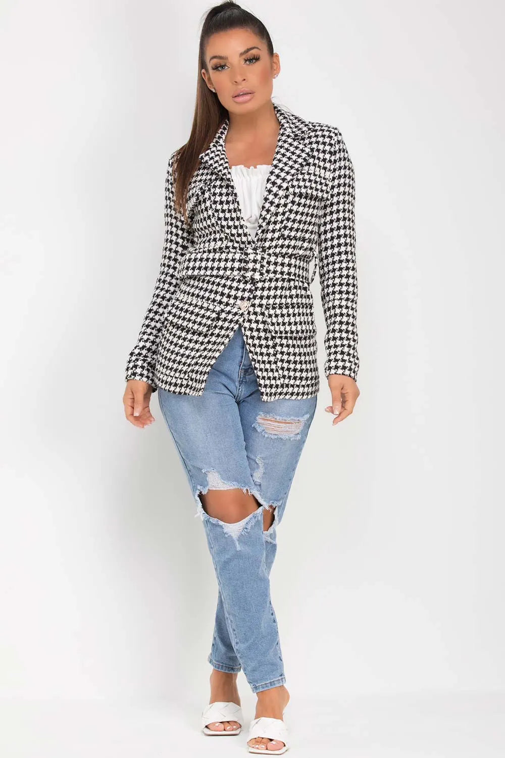 Tweed Blazer With Belt Black And White