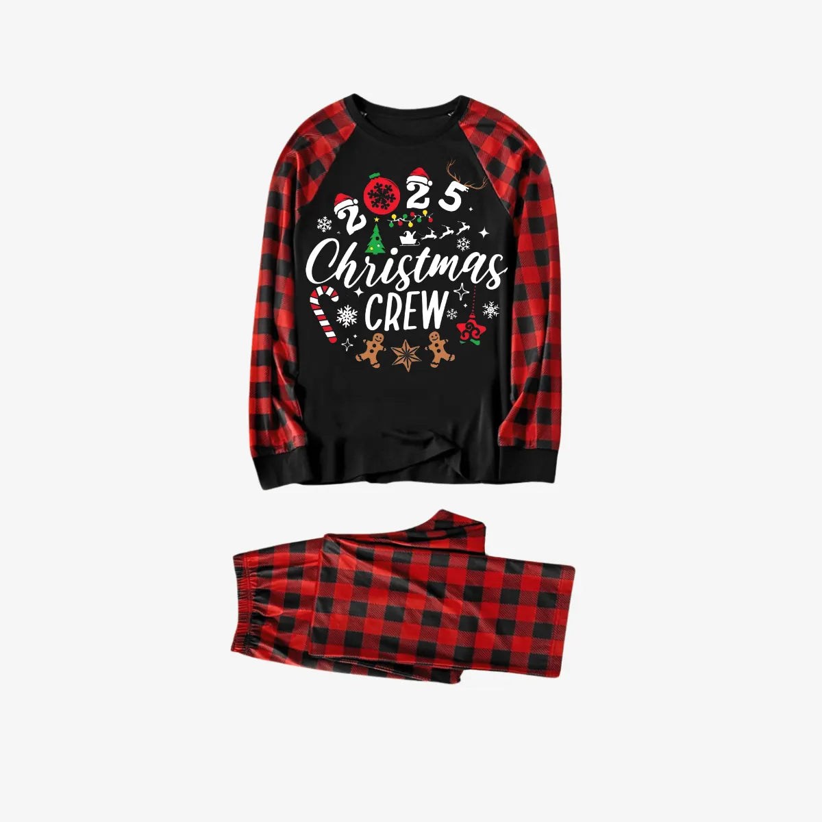 "2025 Christmas Crew" Text Print Black & Red Plaid Christmas Matching Pajamas