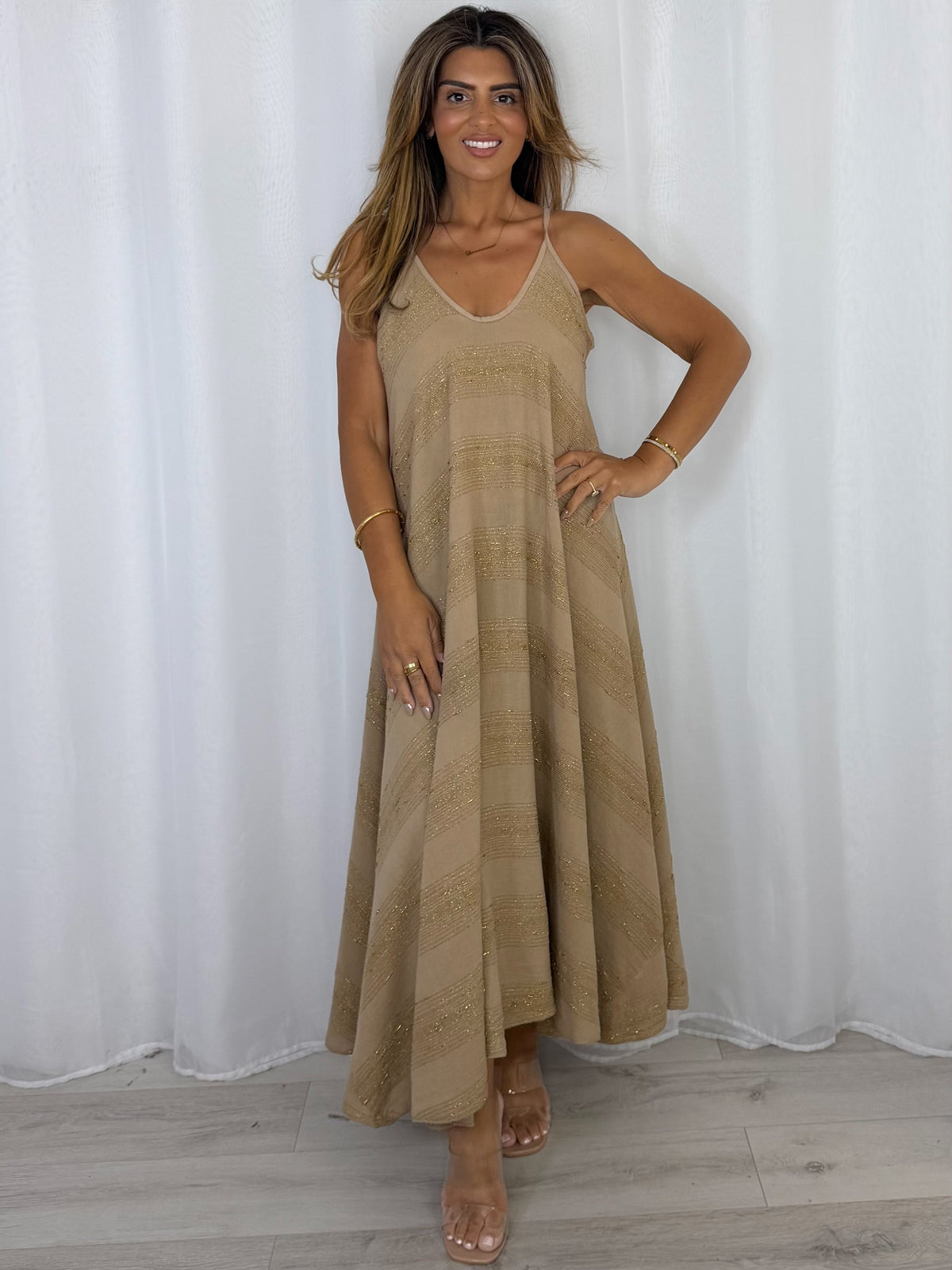 V-Neck Strap Gold Fleck Maxi Dress (5 Colours)