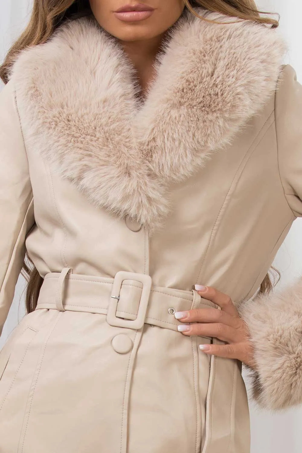 Long Faux Fur Faux Leather Jacket With Belt Beige