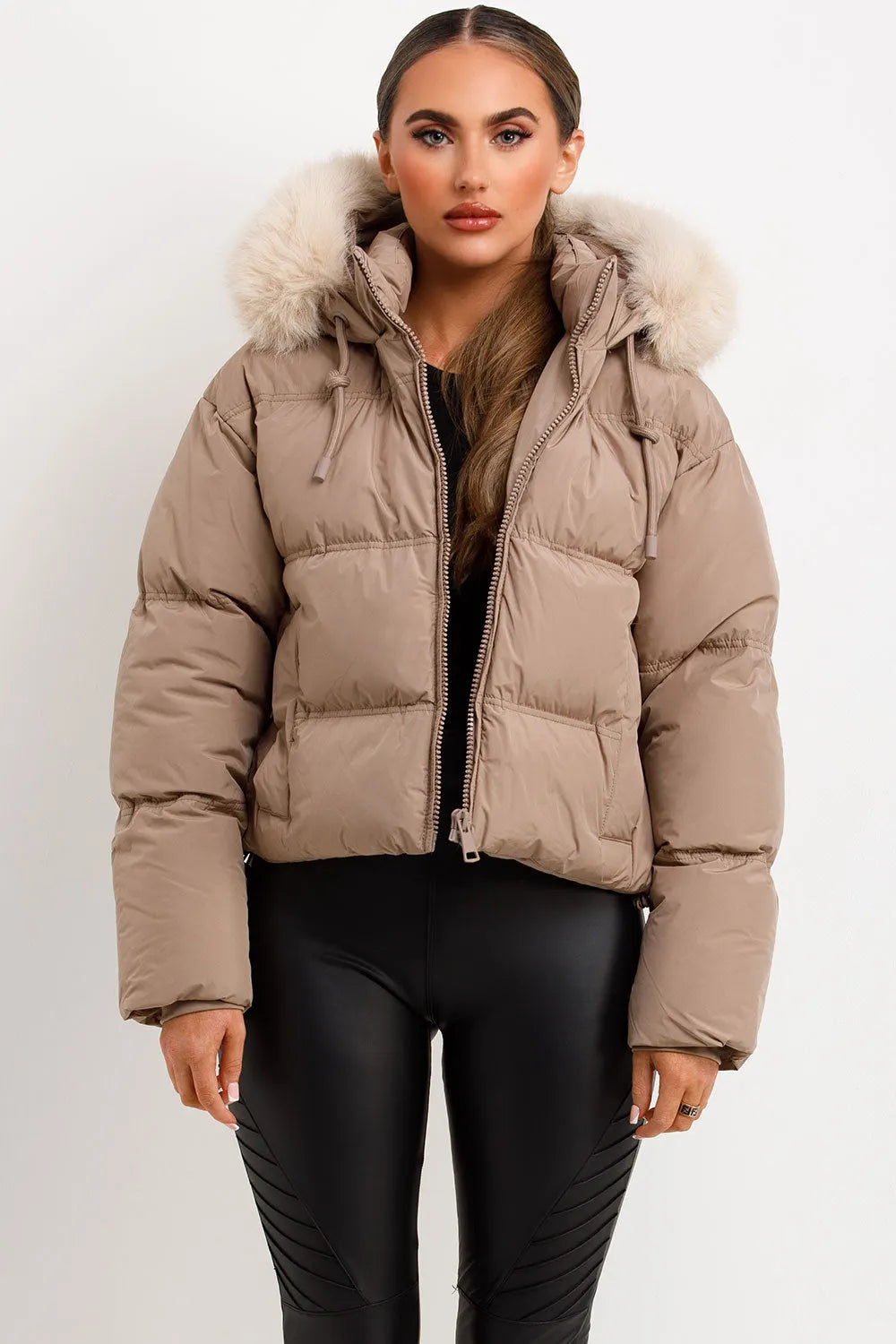 Puffer Jacket With Faux Fur Hood Stone