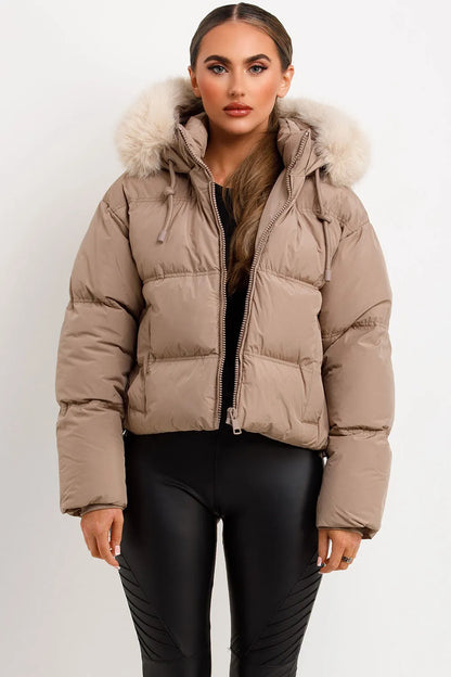 Puffer Jacket With Faux Fur Hood Stone