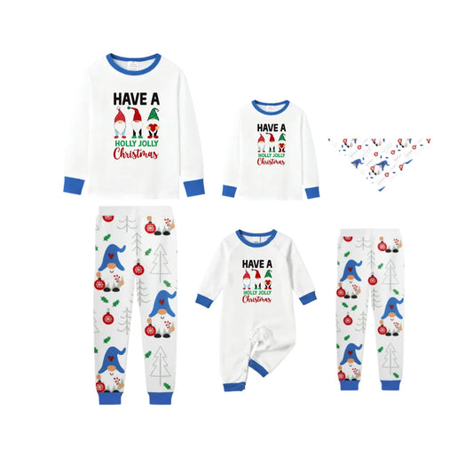 Holiday Christmas Family Blue Pajamas Set with Whimsical Gnome Pattern Print