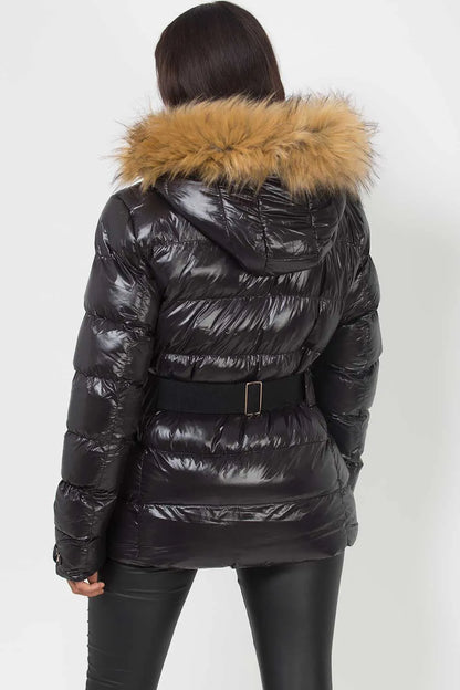 Shiny Puffer Belted Jacket With Faux Fur Hood