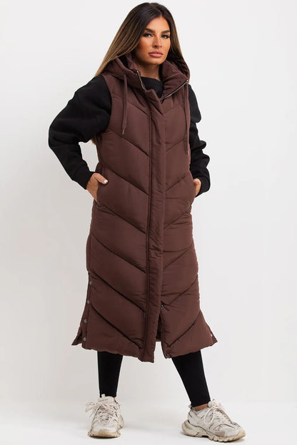 Brown Long Gilet With Chevron Padded Style