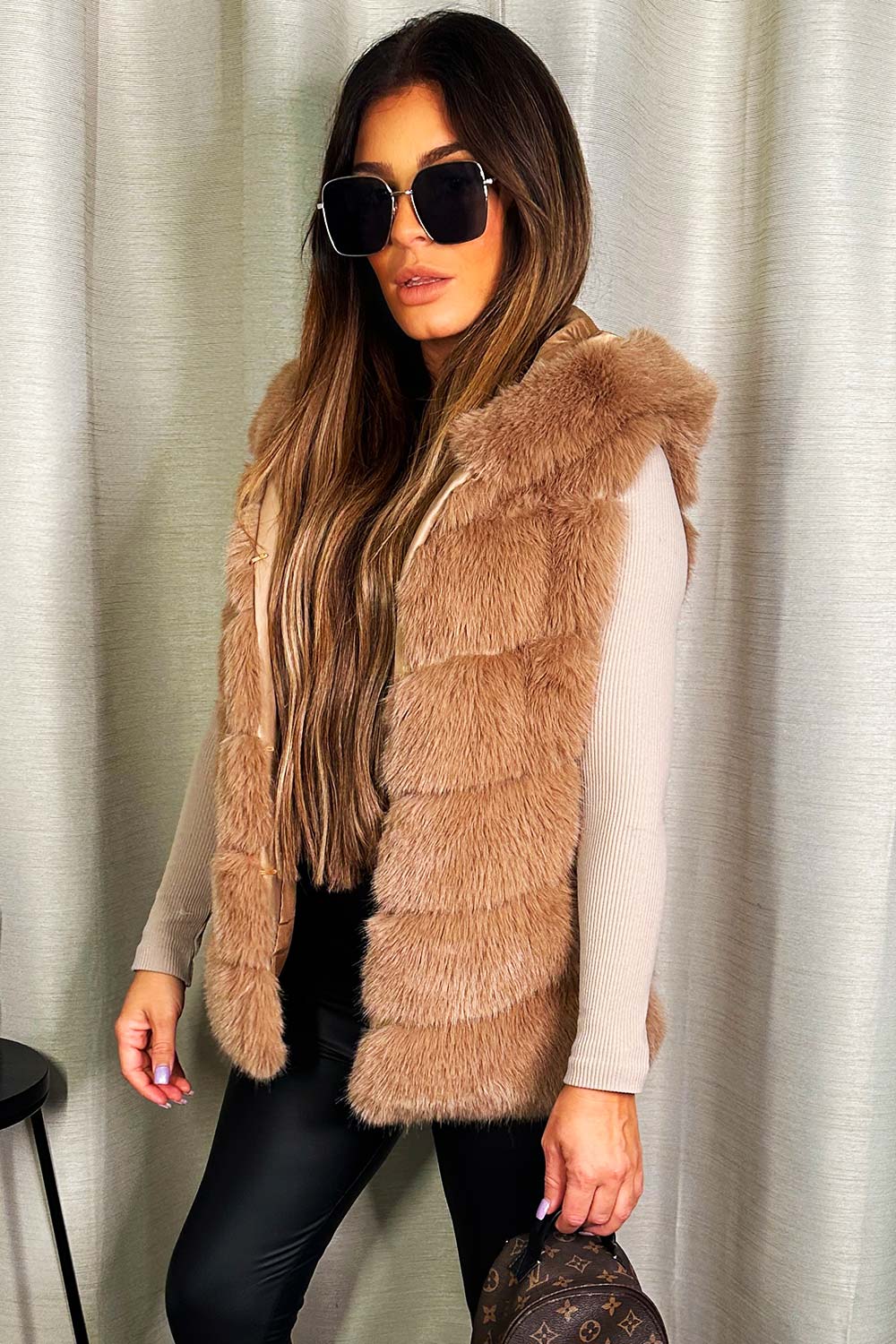 Faux Fur Hooded Gilet Beige