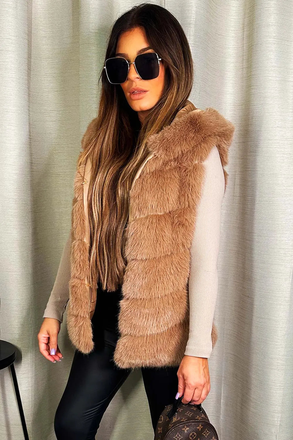 Faux Fur Hooded Gilet Beige