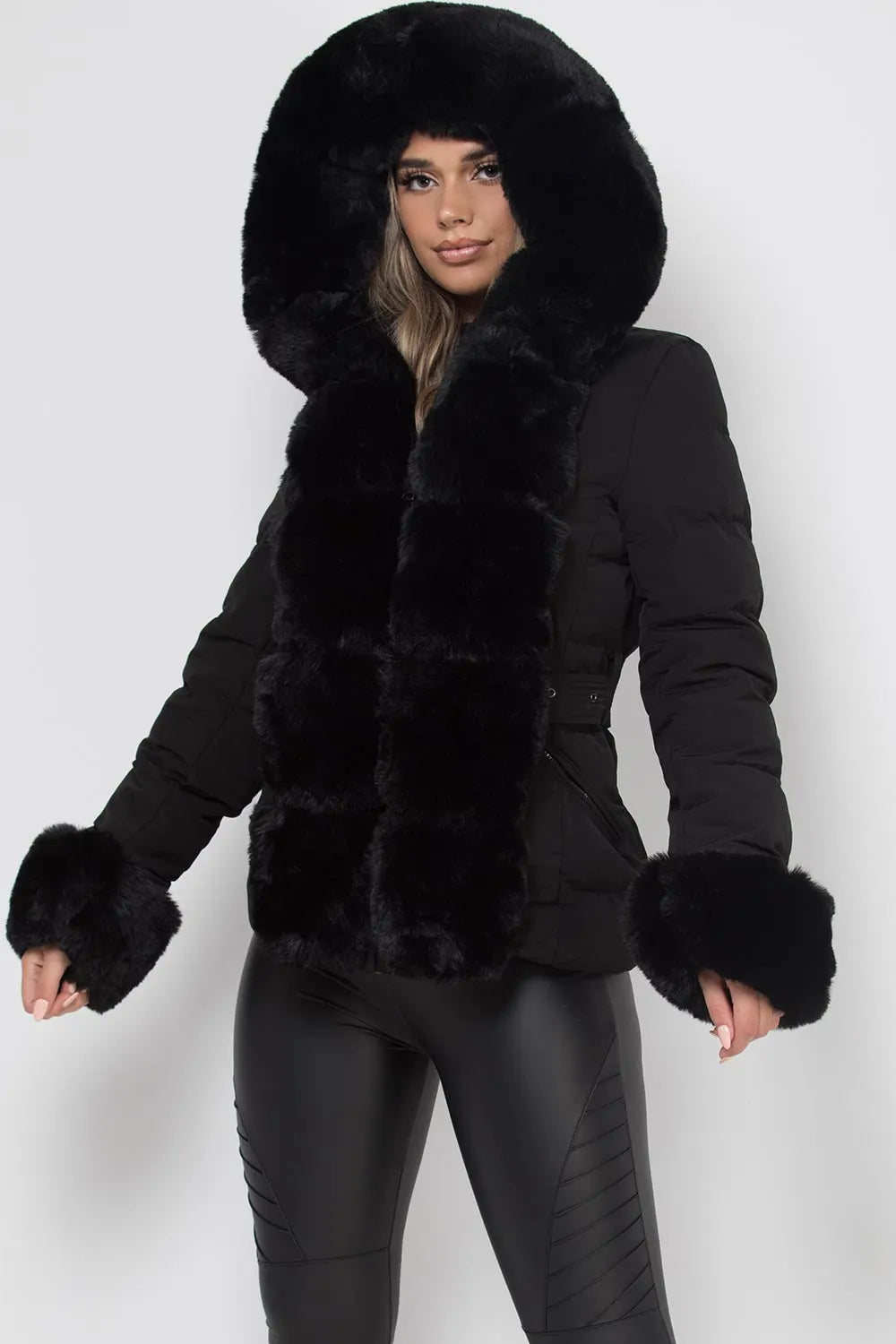 Puffer Jacket With Luxury Faux Fur Hood And Trim Black