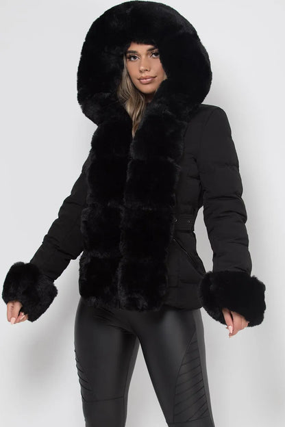 Puffer Jacket With Luxury Faux Fur Hood And Trim Black