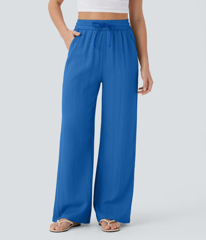 Women Summer High Waisted Drawstring Pocket Wide Leg Casual Linen-Feel Pants
