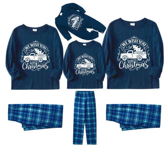 Christmas Family Matching Pajamas-Navy & Sky Blue Plaid Pjs Set with "We Wish You A Merry Christmas" and Christmas Car Pattern Print
