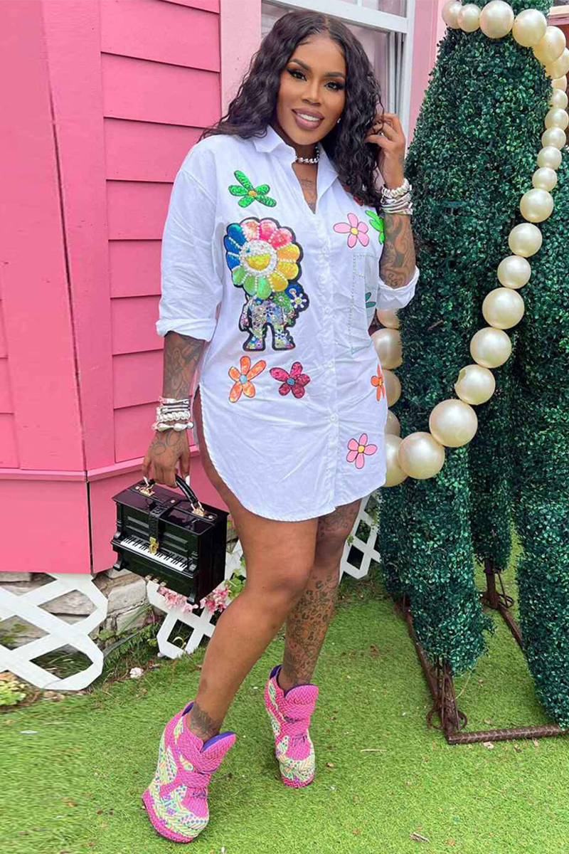Floral Pattern Turndown Collar Button Up Blouse Mini Dresses-White