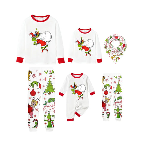 Christmas White Pajamas Set With Cartoon Pattern Print