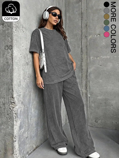 Women's Casual Loose Fit Acid Washed Cotton Short Sleeve T-Shirt and Long Pants Two-Piece Set, All Seasons, Plain Style