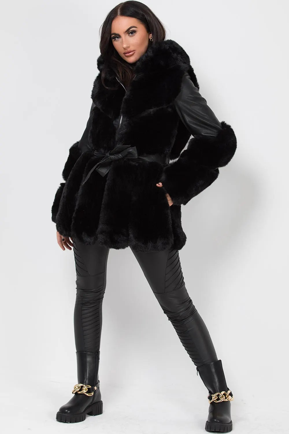 Faux Leather Faux Fur Panel Hooded Jacket With Belt Black