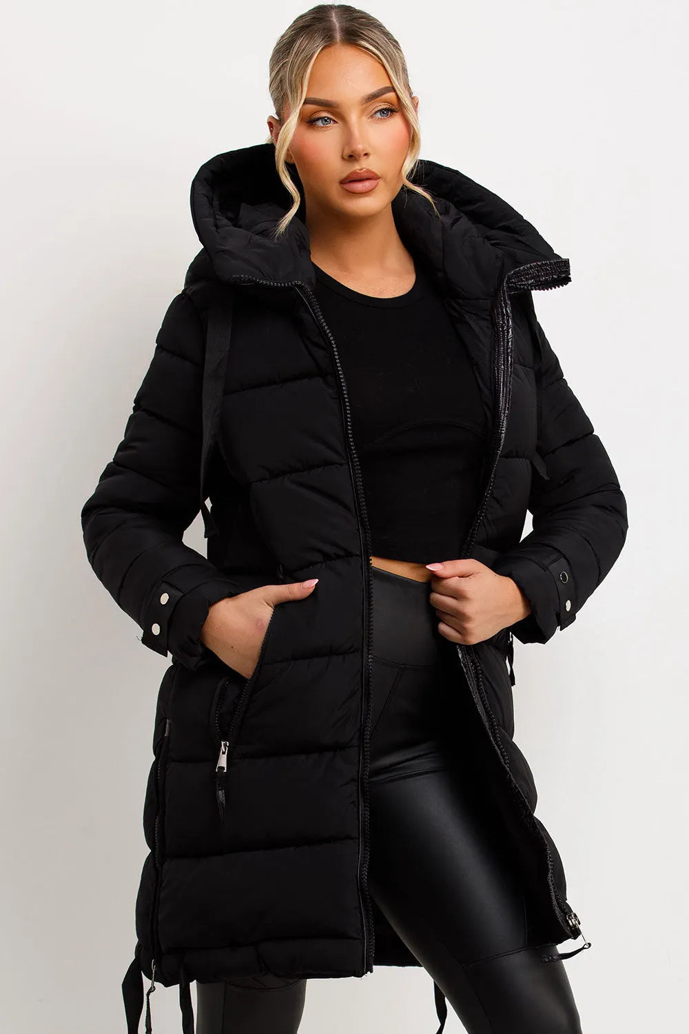 Long Puffer Coat With Hood And Side Straps Black