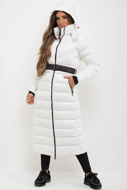 White Longline Puffer Padded Jacket With Hood & Belt