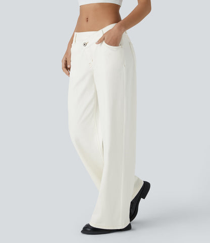 FlexTM Asymmetric Low Rise Zipper Pockets Baggy Wide Leg Washed Casual Jeans
