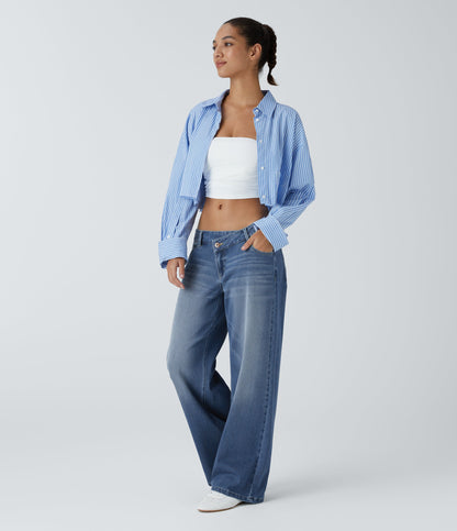 FlexTM Asymmetric Low Rise Zipper Pockets Baggy Wide Leg Washed Casual Jeans