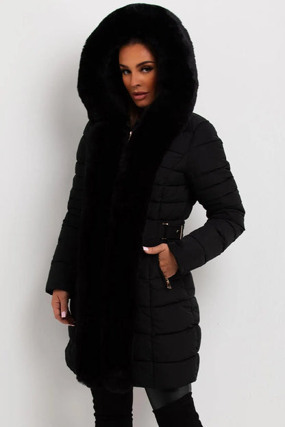 Puffer Padded Coat With Faux Fur Hood Black