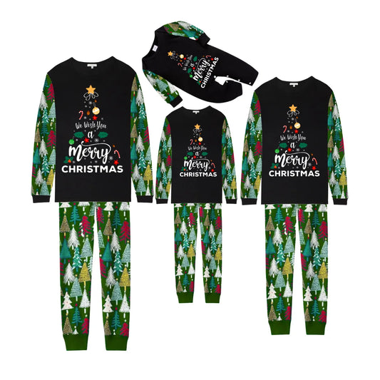 We Wish You a Merry Christmas Family Pajamas Set - Black Top / Christmas Tree Print Green Pants / Christmas Tree Print Sleeves
