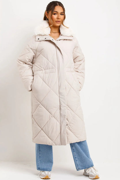 Long Puffer Quilted Coat With Fur Collar Beige