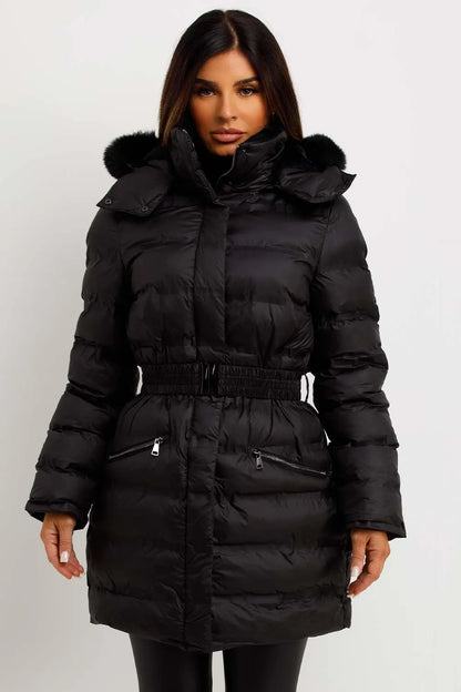 Puffer Padded Coat With Fur Hood And Belt Black