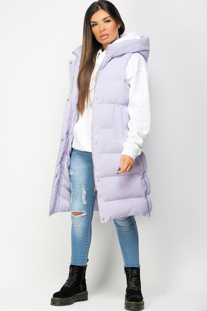 Padded Longline Hooded Gilet Lilac