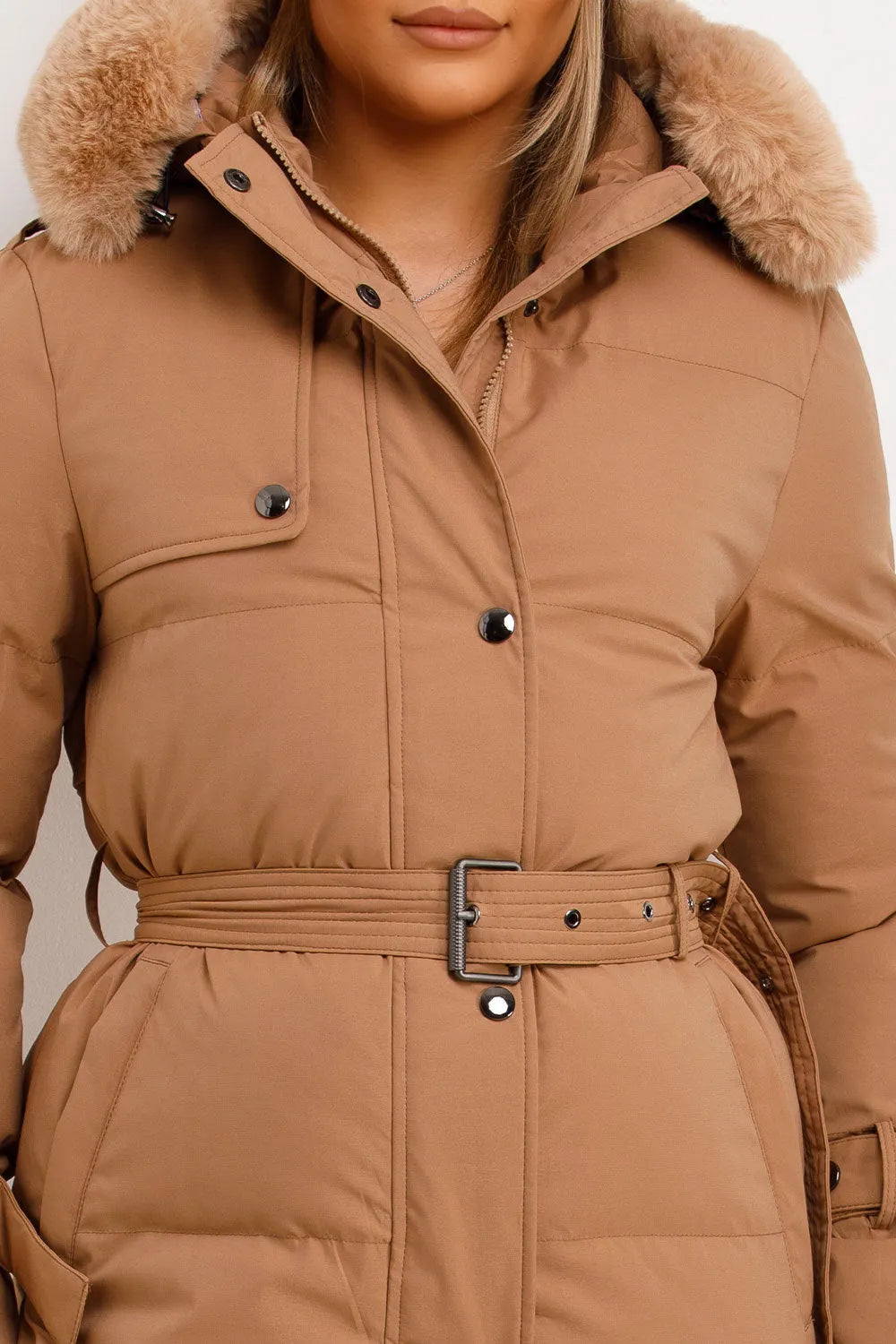 Long Puffer Trench Coat With Belt And Faux Fur Hood Camel