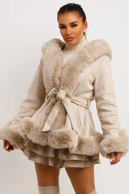 Beige Faux Fur Faux Suede Hooded Belted Coat