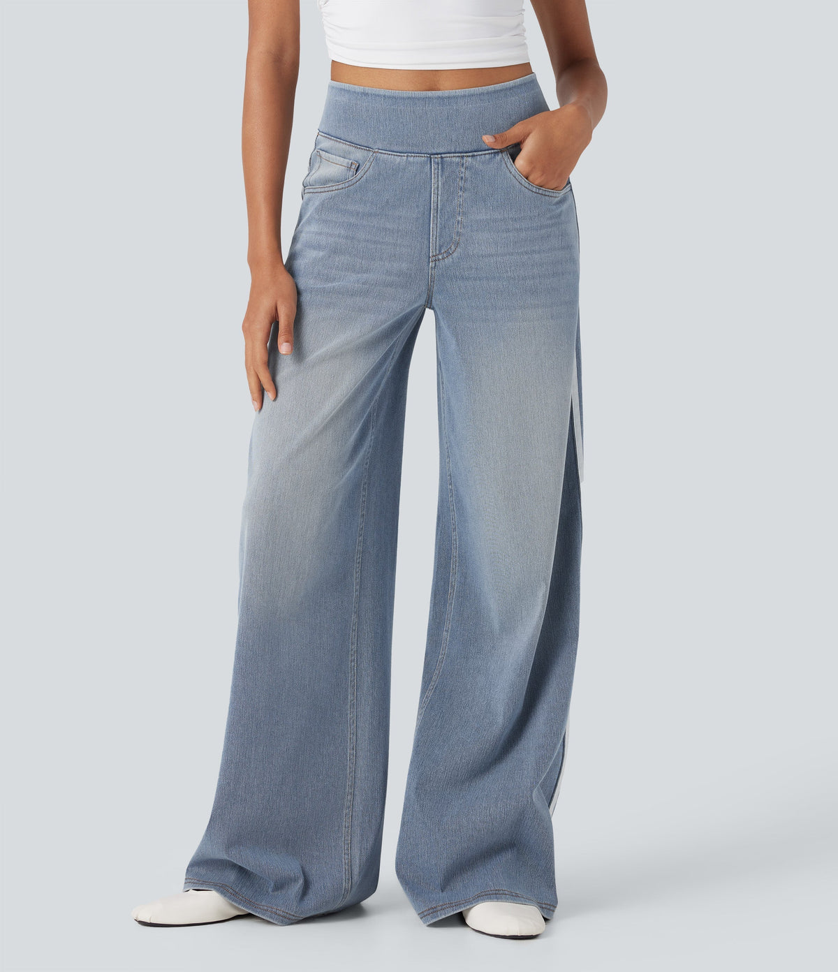 FlexTM High Waisted Stripe Wide Leg Flowy Washed Casual Jeans with Pockets