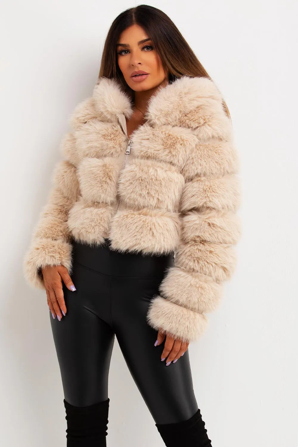 Faux Fur Coat With Hood Beige
