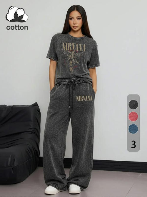 Women's Rock Style "NIRVANA" Graphic Print Cotton Co-ord Set, Vintage Distressed Short Sleeve T-shirt and Trousers Two-piece Set Outfit, Casual Round Neck T-shirt and Elastic Trousers, Summer Everyday Wear